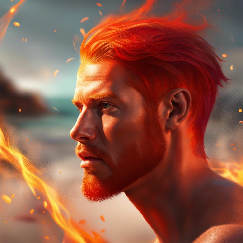 Nordic Man with Red Hair and Fire on Beach