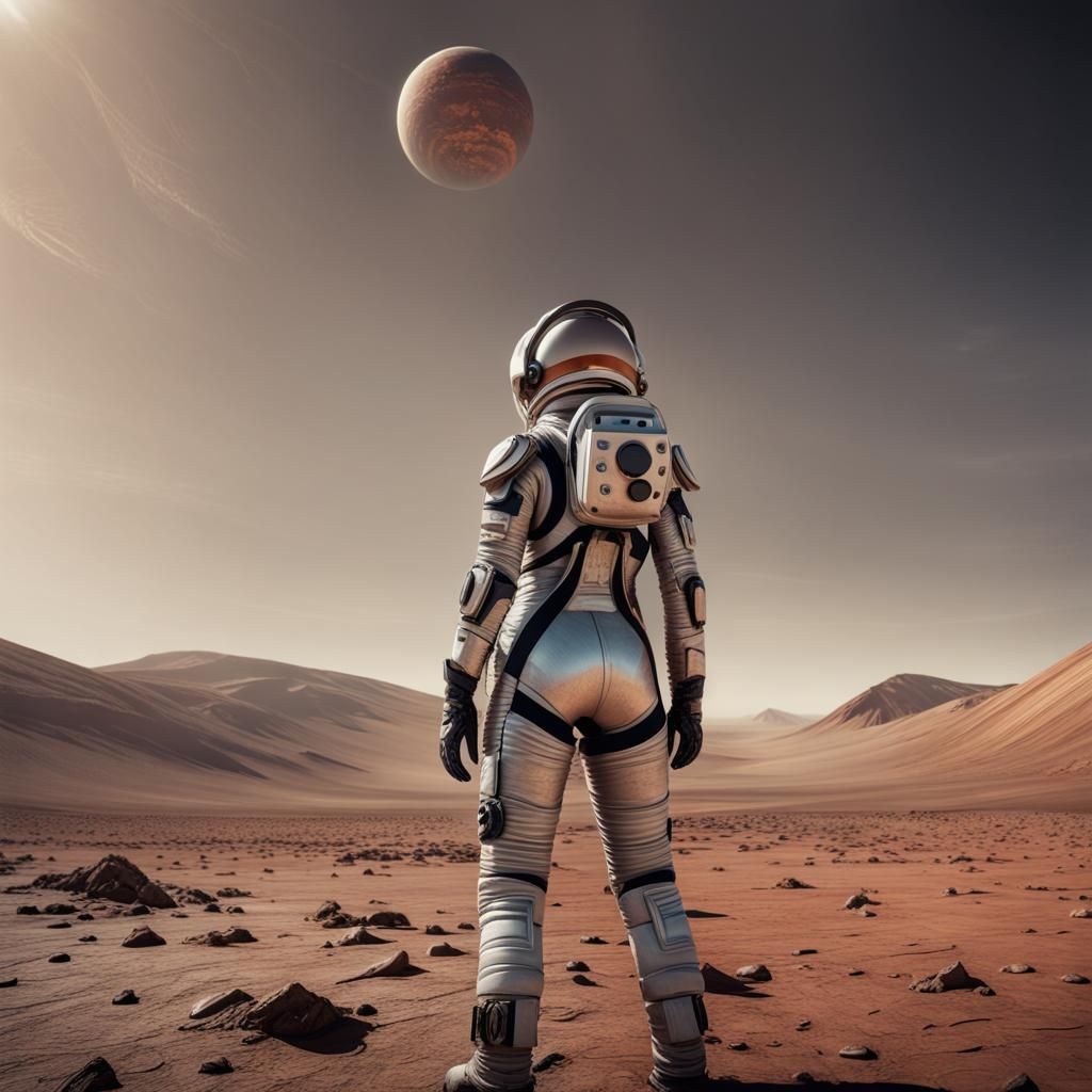 Woman in Spacesuit on Desolate Martian Landscape