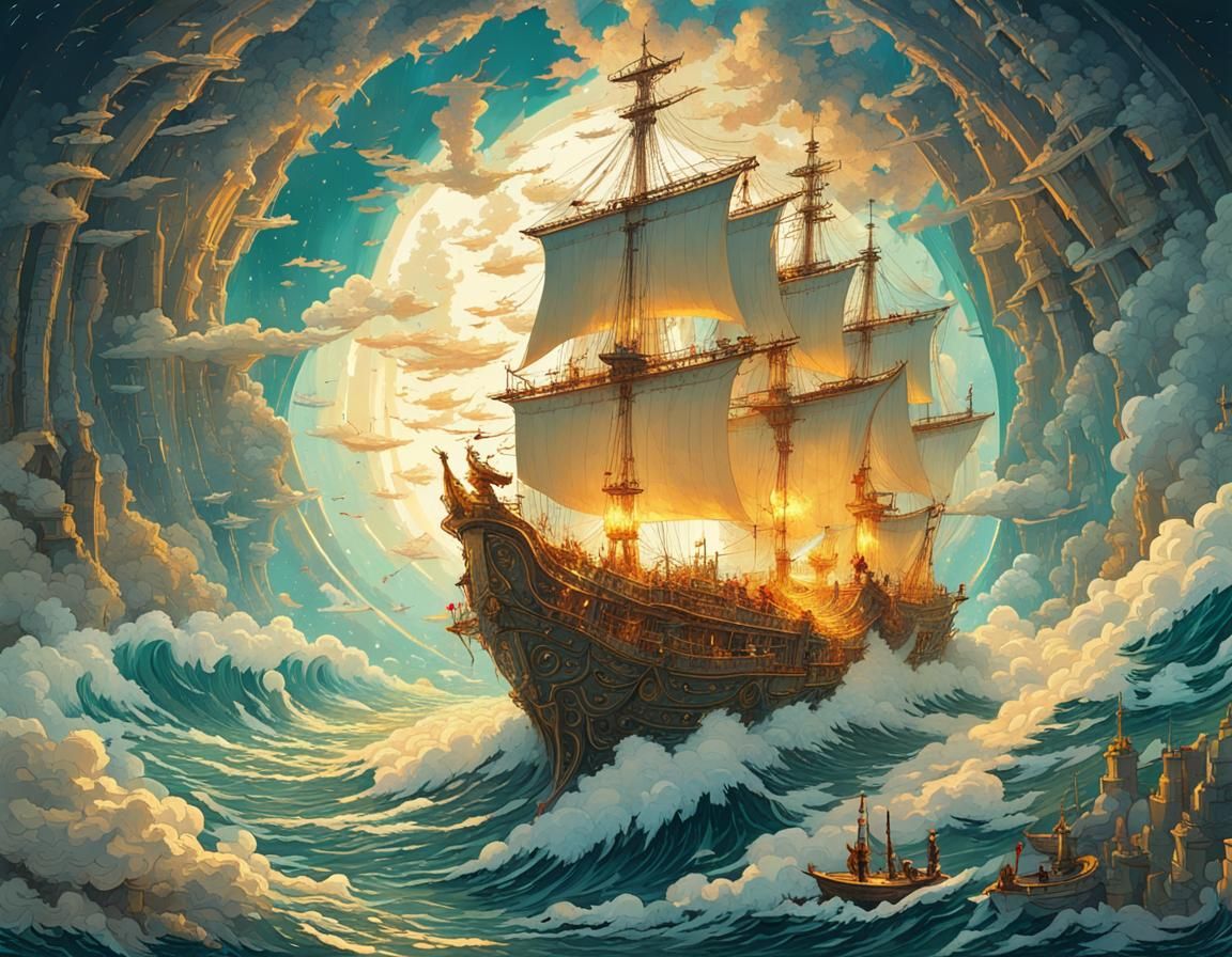 Radiant Ship Ascending from Heavenly Portal