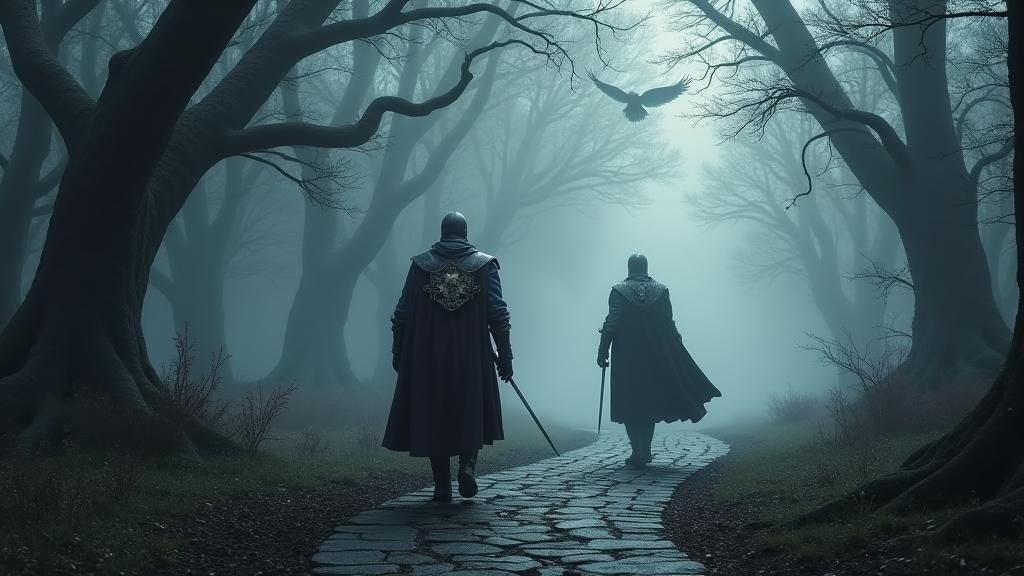Heroic Knight in Dark Forest with White Raven