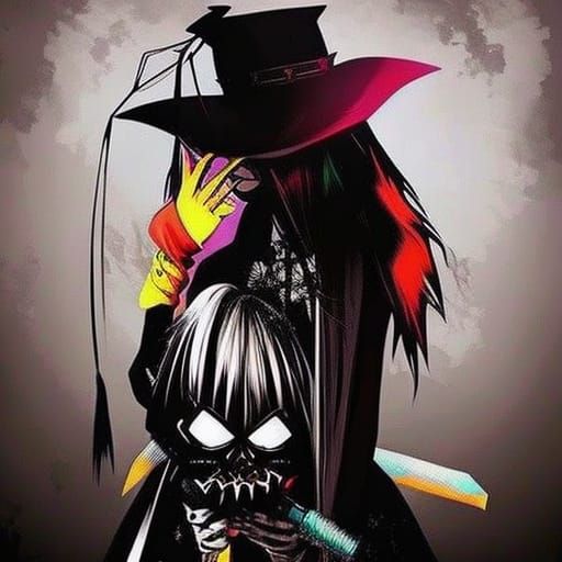 Gloomy Horror Girl with Teddy Bear in Graffiti Art Style