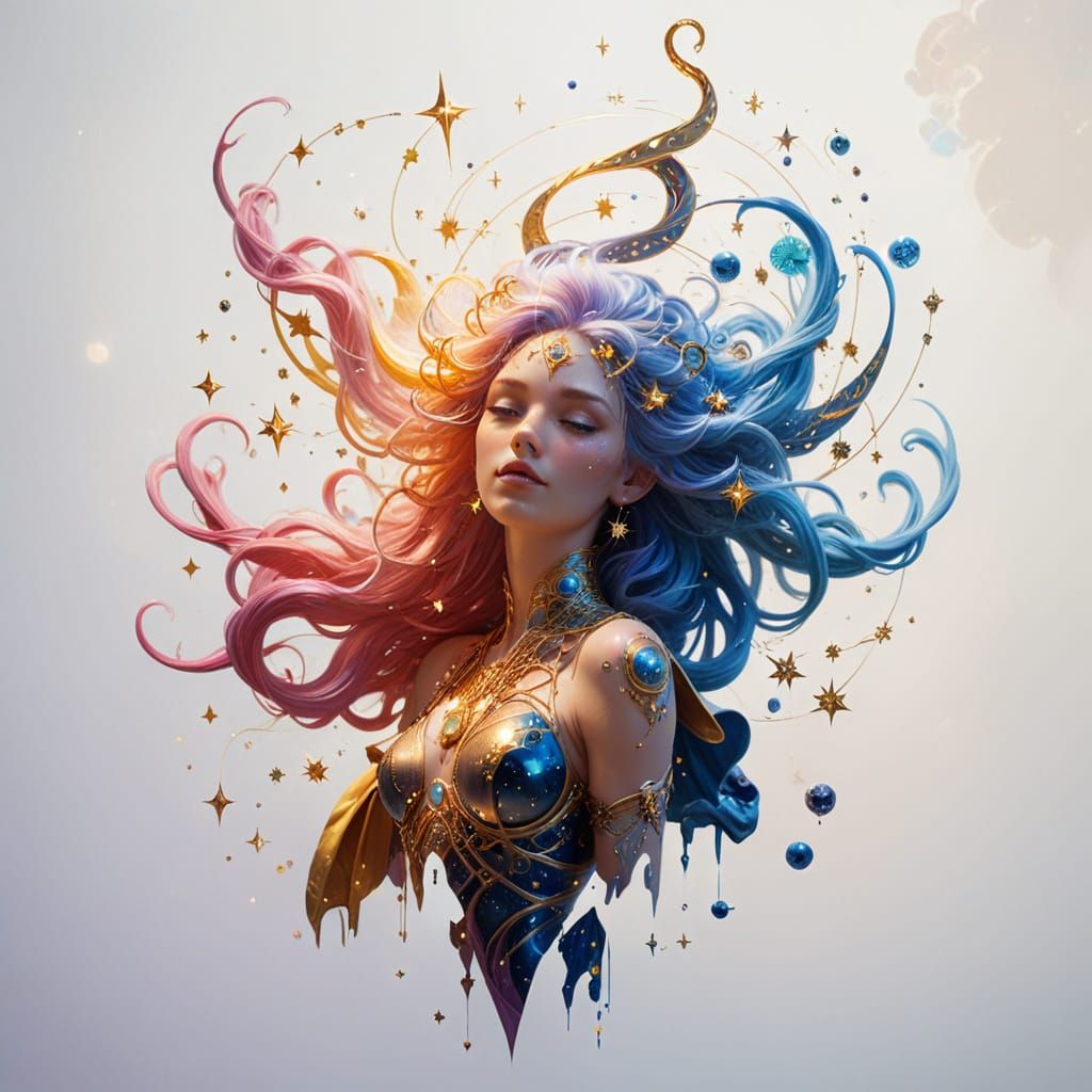 Cosmic Cartographer Woman in Vibrant Starry Dress