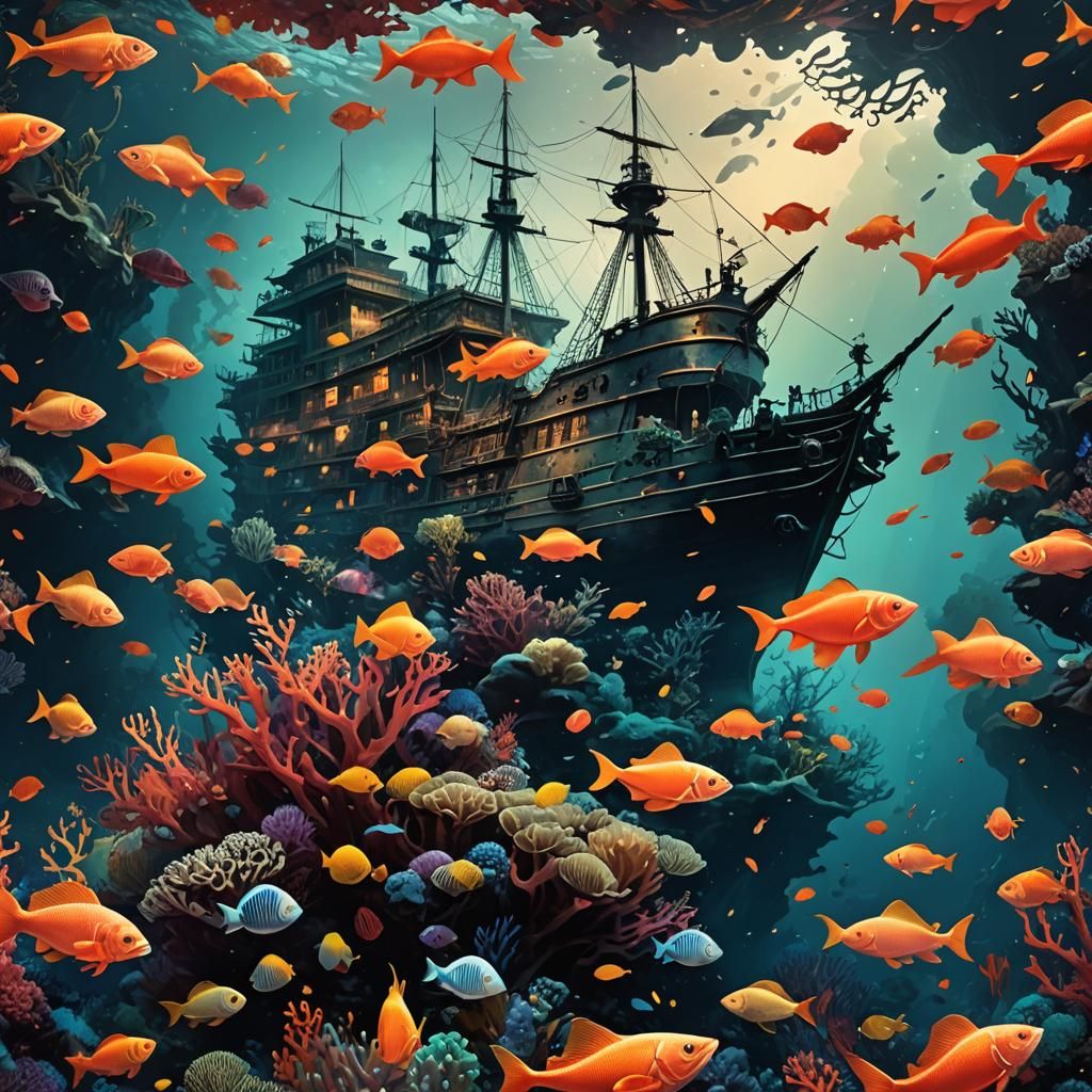 Underwater Galleon with Coral Reef in Ink Blot Art