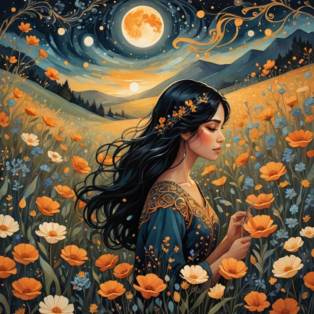 Girl Painting in Moonlit Flower Field Illustration