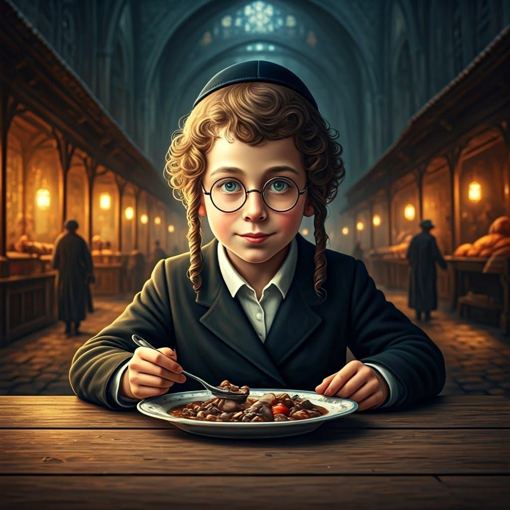 Jewish Boy Eating Cholent in 19th-Century Shtetl
