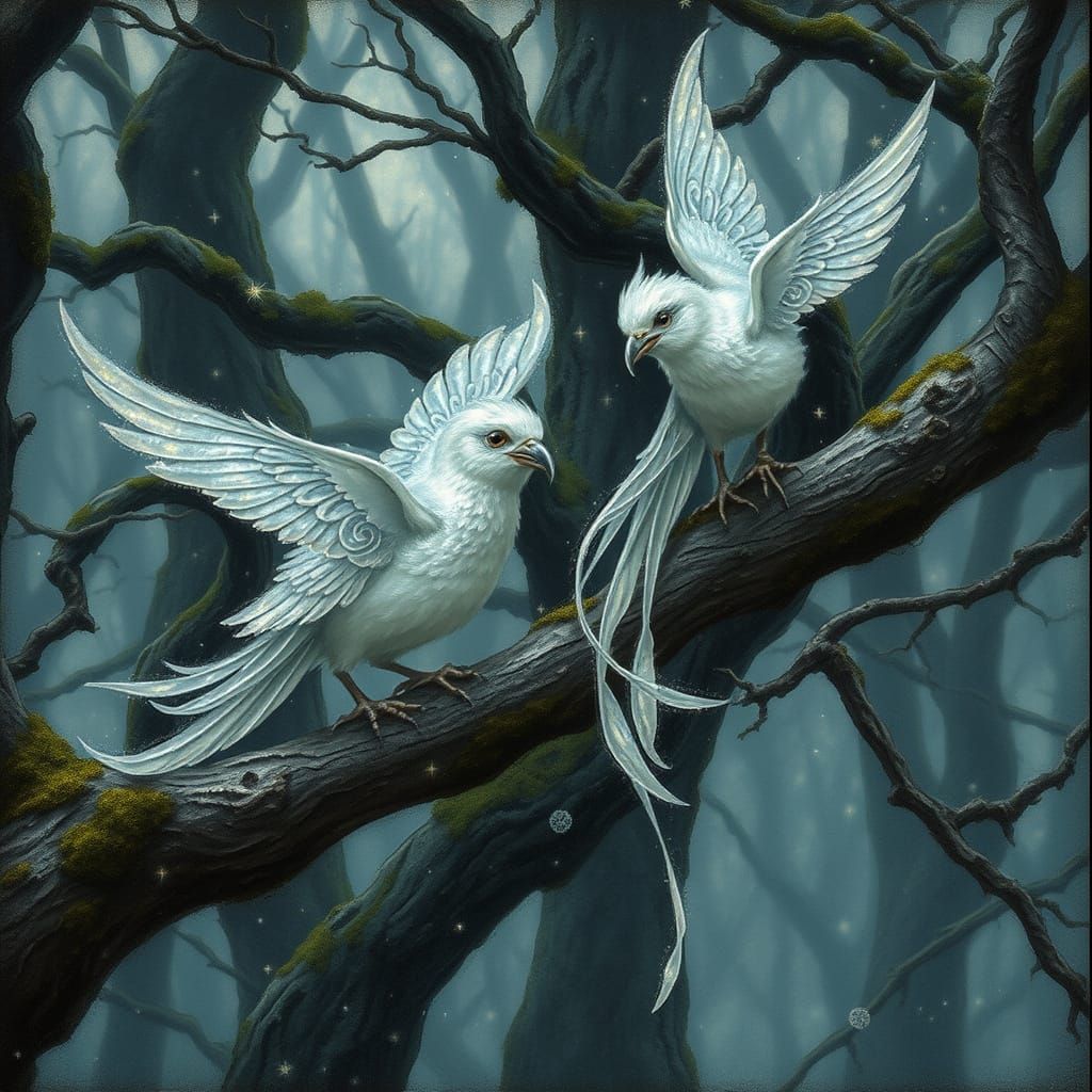 Mystical Silver-Winged Birds in Ethereal Glow Perched on a G...