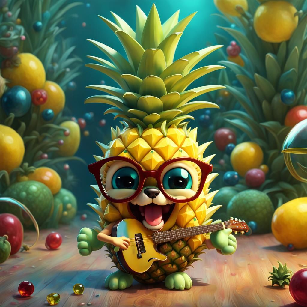 Pineapple Puppy Plays Guitar: 3D CGI Art
