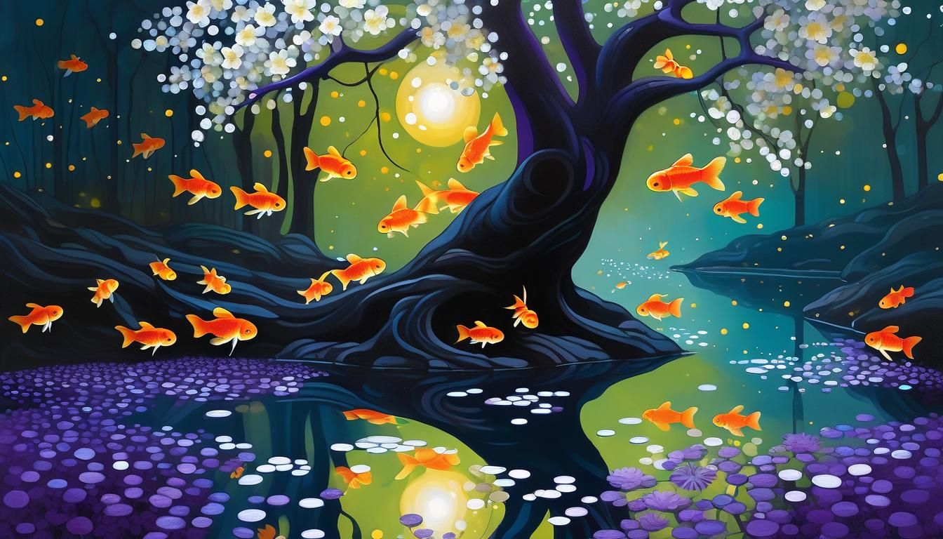 Ethereal Goldfish Tree in Surreal Mixed Media