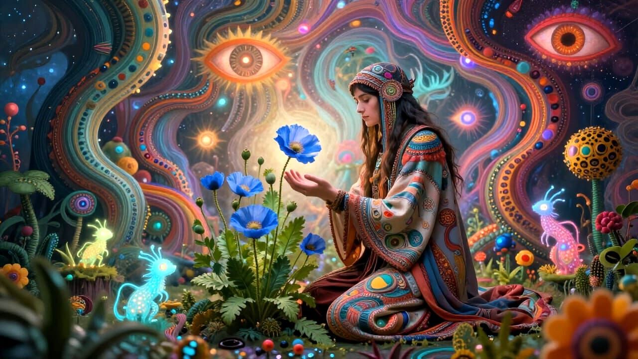 Dreamlike Fantasy Kingdom with Mystic Figure and Cosmic Land...