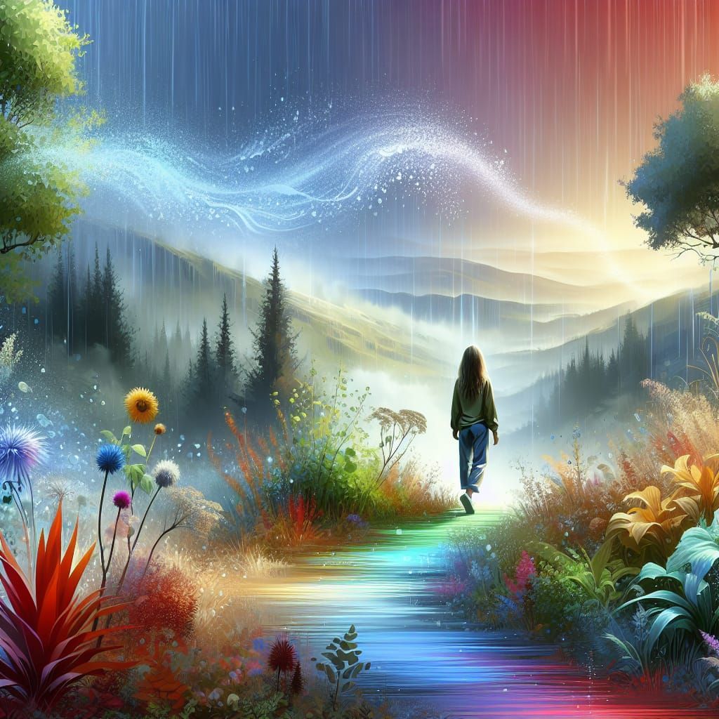Girl Observes Luminescent Rainstorm in Airbrush Style