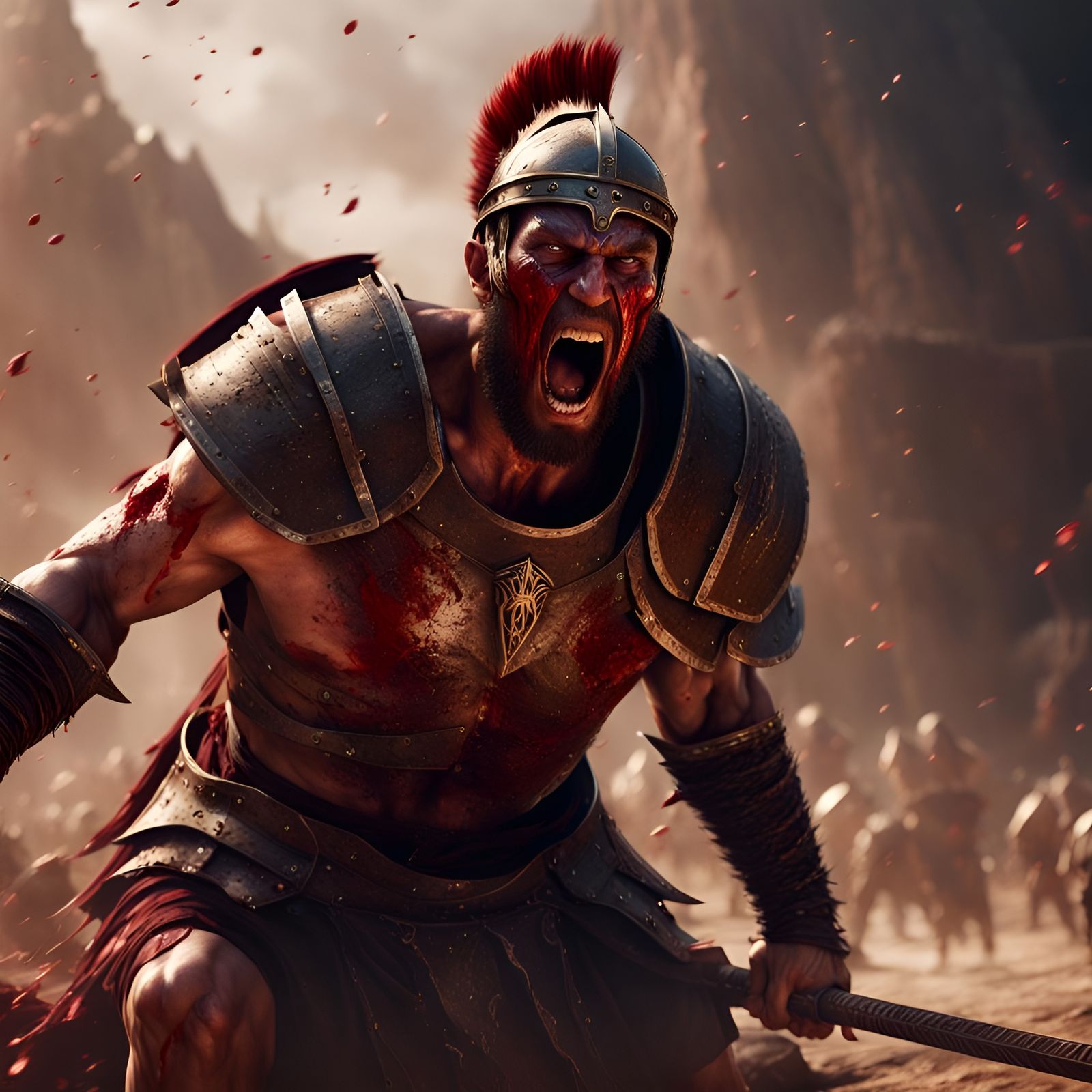 Wounded Gladiator's Defiant Roar: Detailed Digital Art