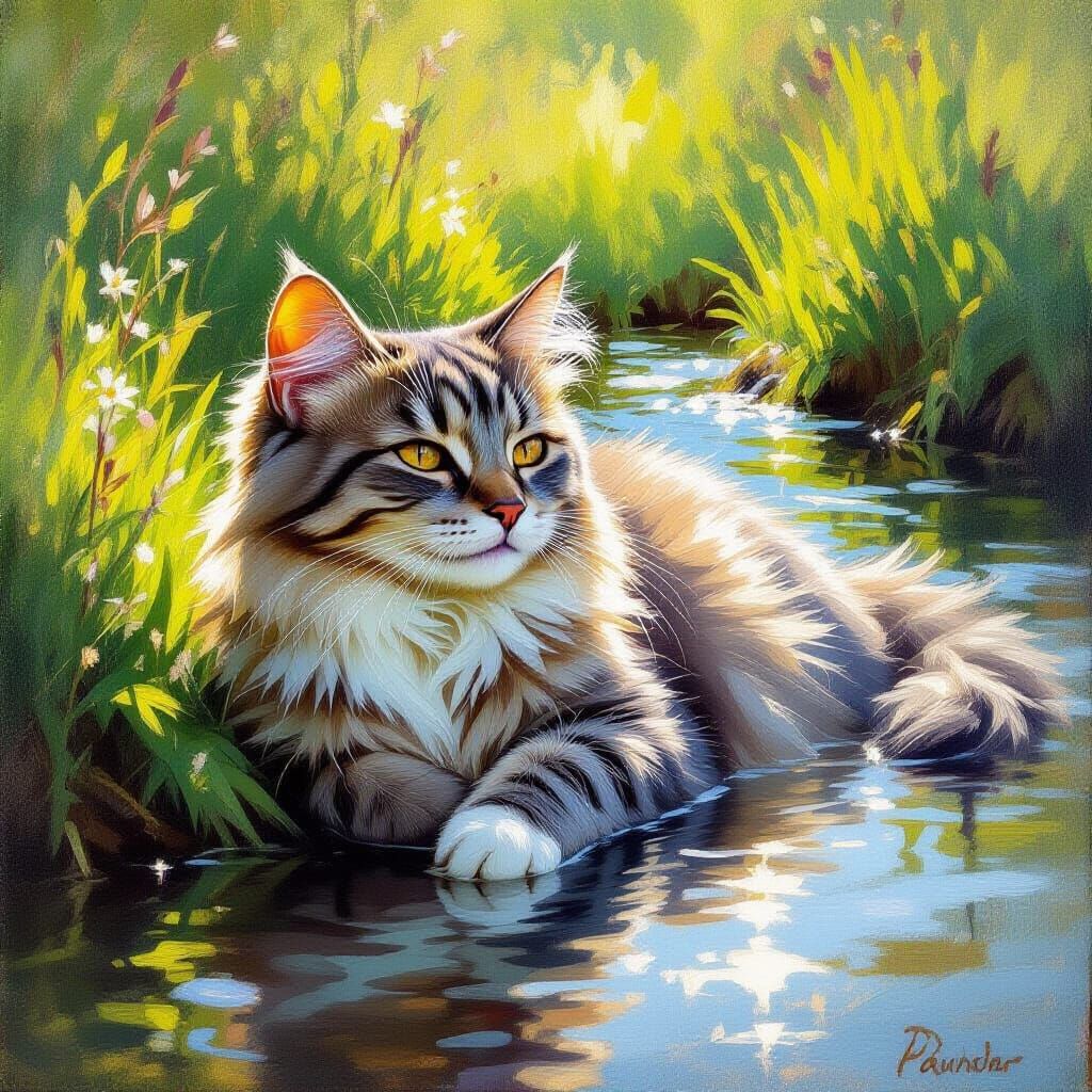 Kind Grey Cat Basking in Sunlight by Stream