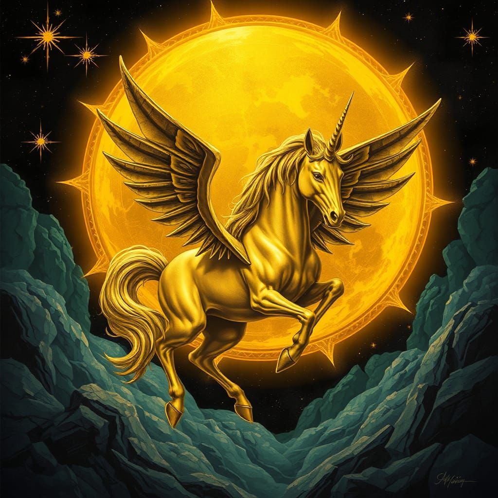 Golden Unicorn in Decay: Digital Art