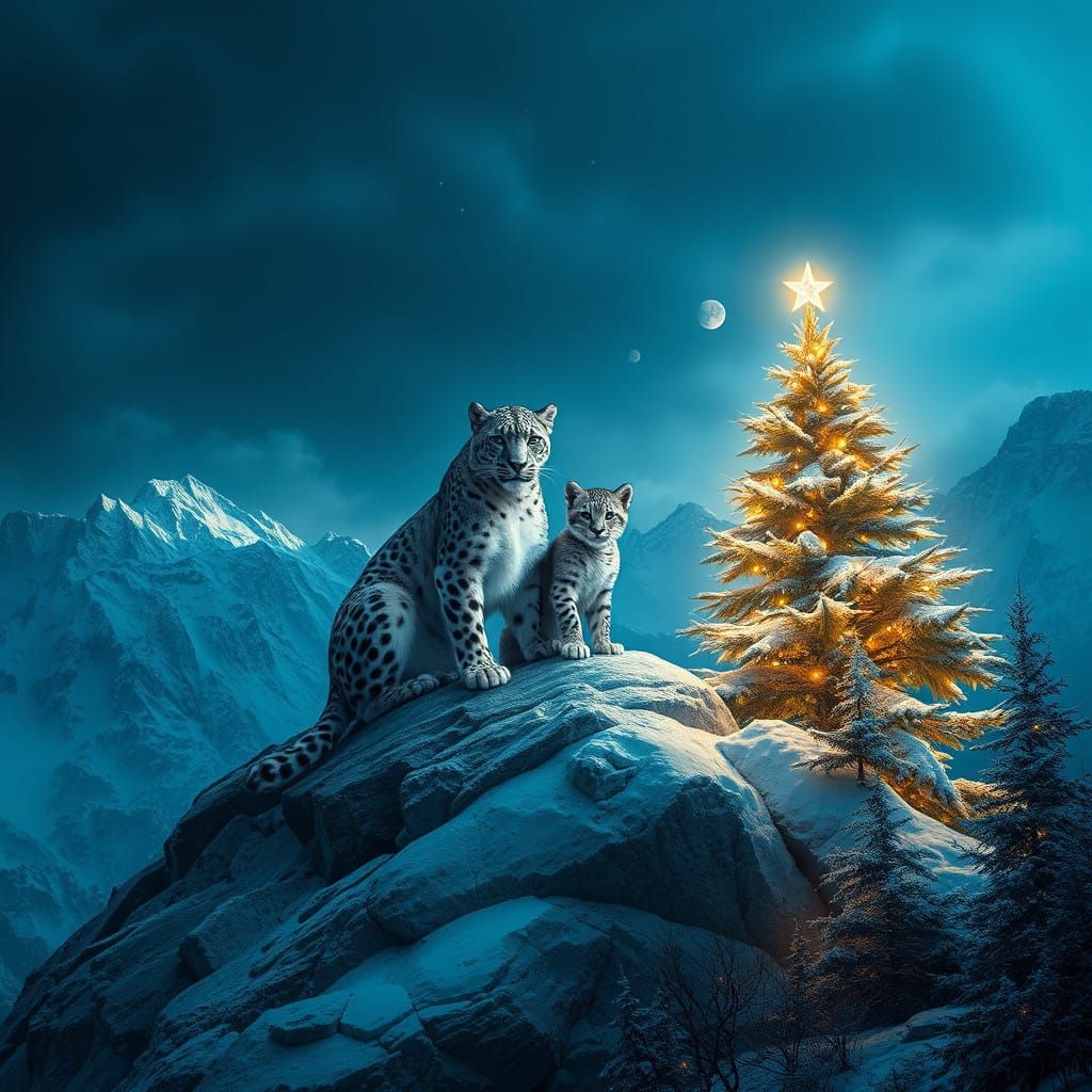 Snow Leopard Family Under Christmas Tree Crowned Mountain Pe...