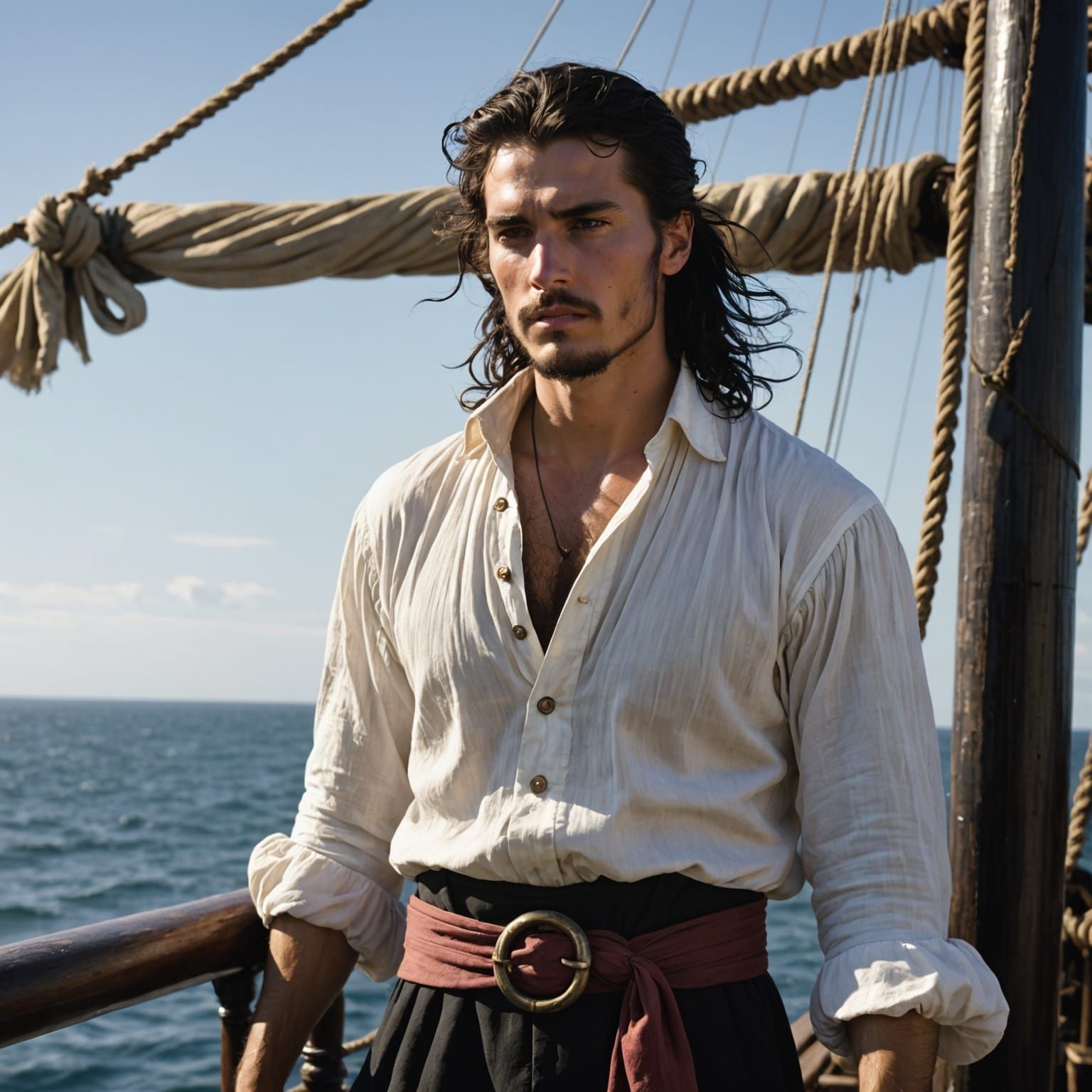Brooding Pirate on Deck of Tall Ship
