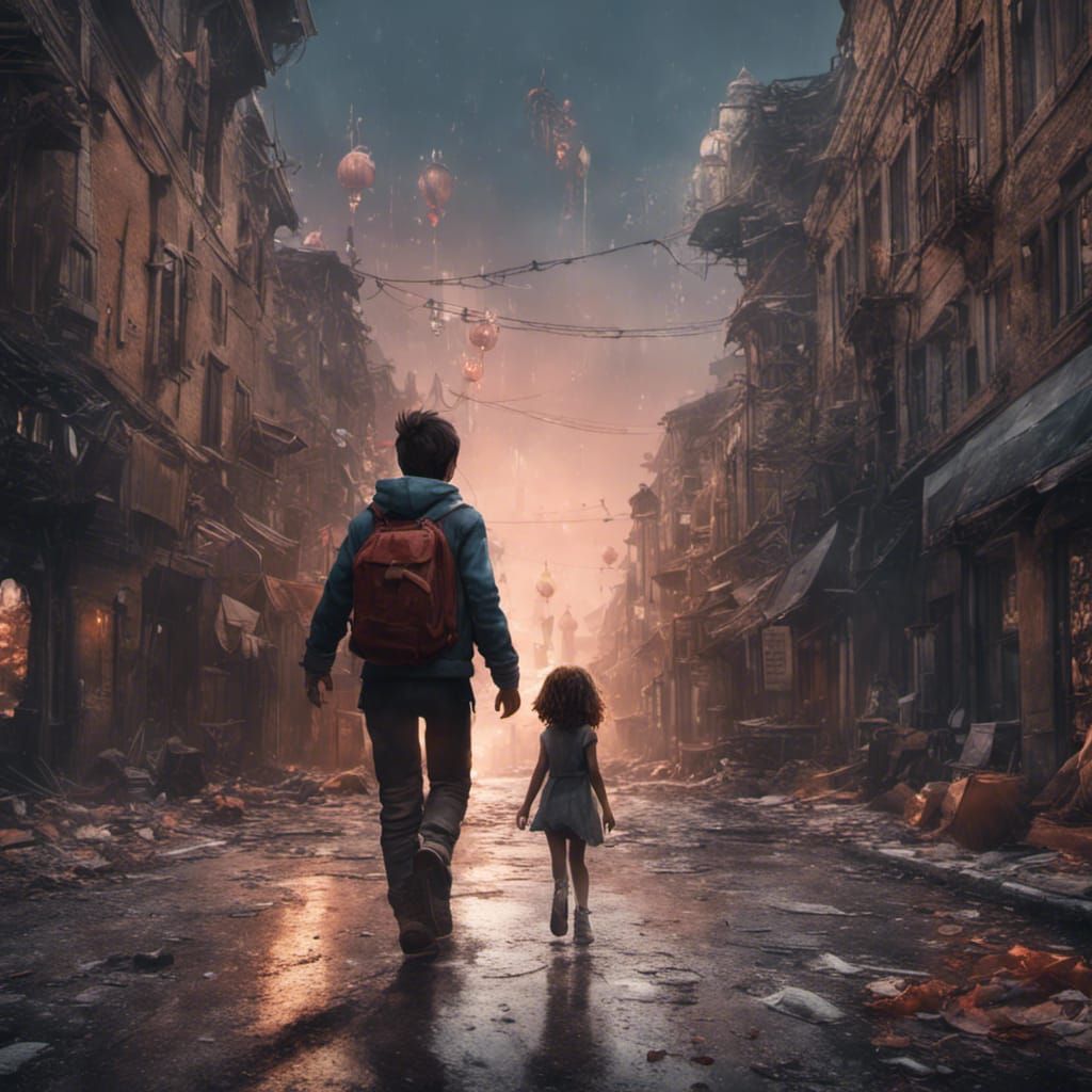 Boy Reaching for Girl: Detailed Matte Painting