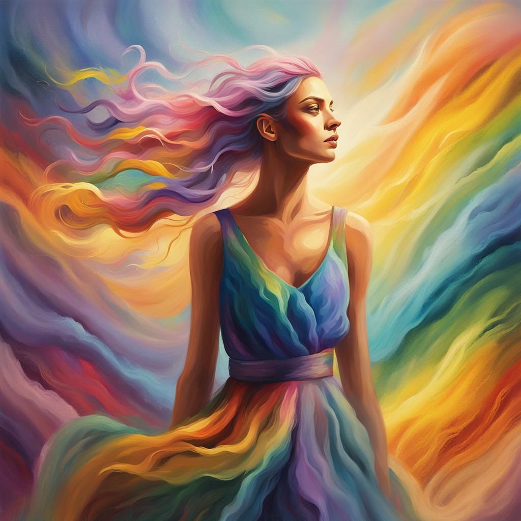 Rainbow Woman in Dreamy Klimt-Inspired Oil Painting