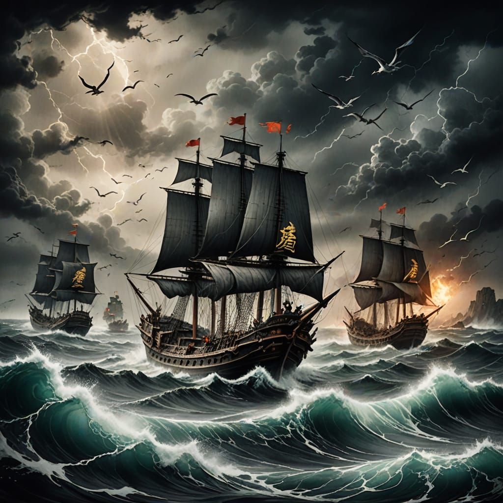 Ancient Chinese Warships Ride Stormy Seas