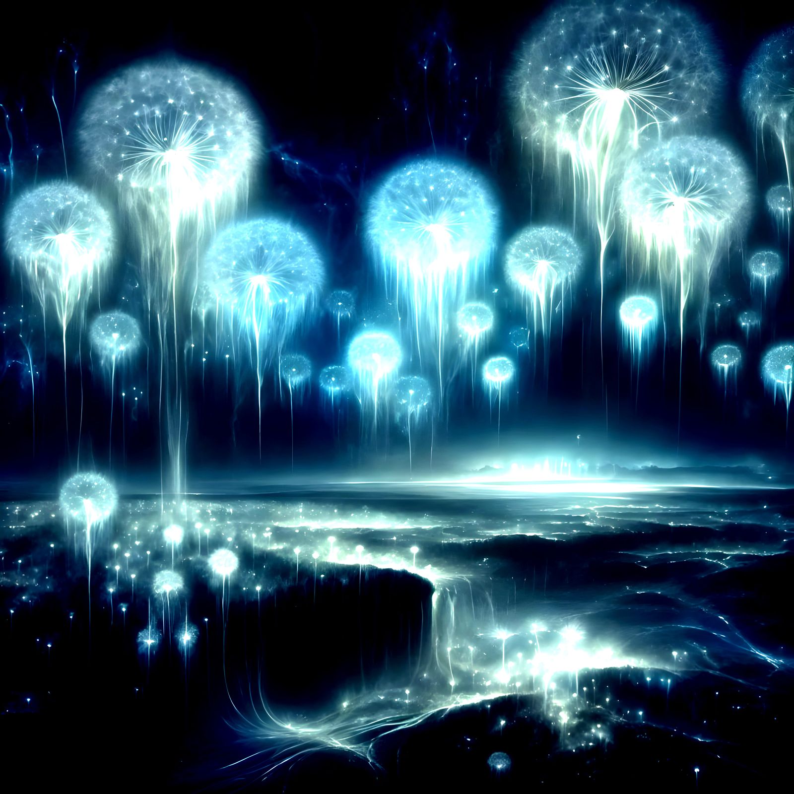 Surreal Ghostly Dandelions Against Midnight Blue Sky