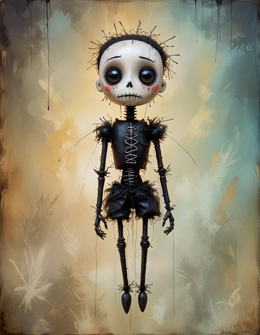 Surreal Whimsical Painting of a Voodoo Doll Marionette