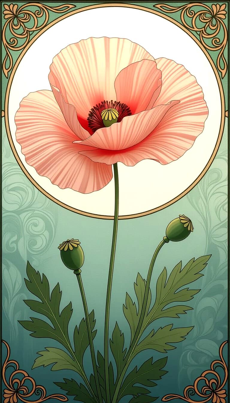 Pale Pink Poppy in Alphonse Mucha Style