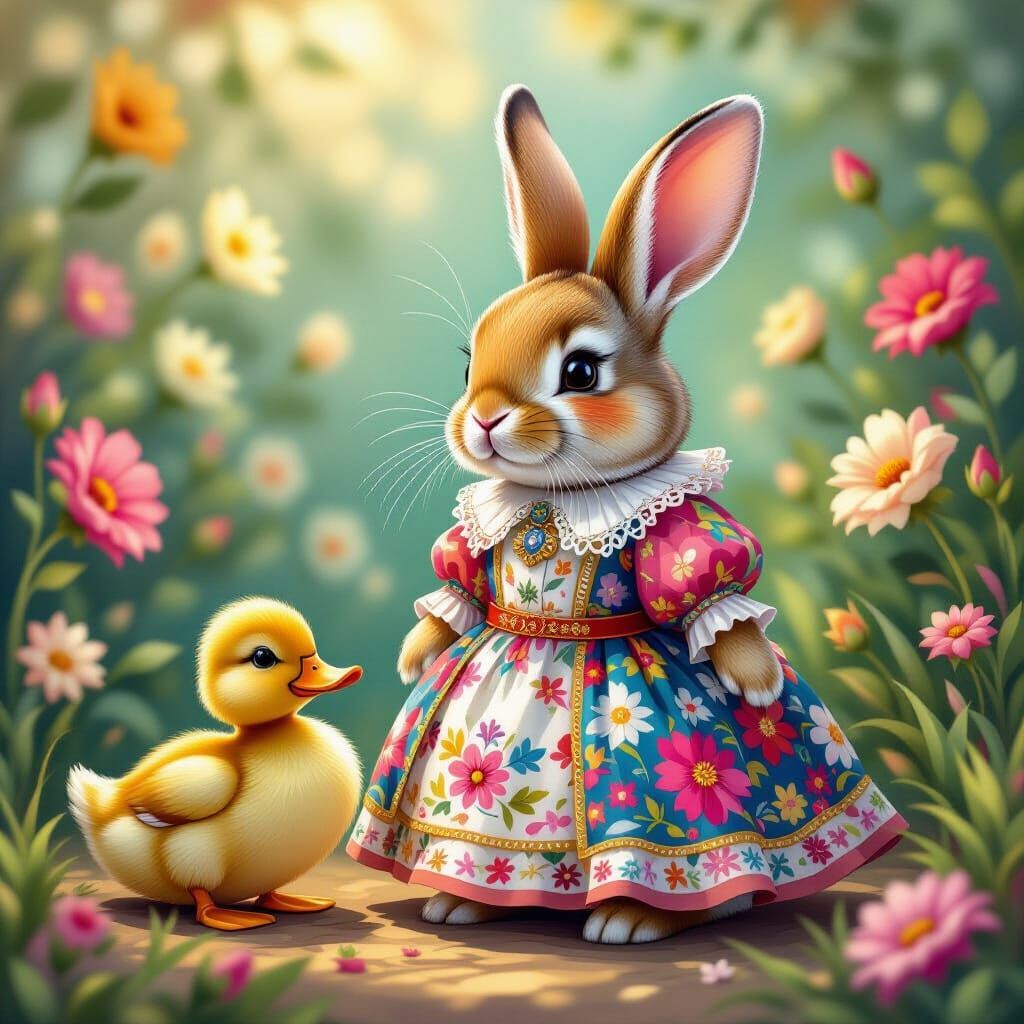 Patchwork Rabbit Portrait in Ornate Floral Dress