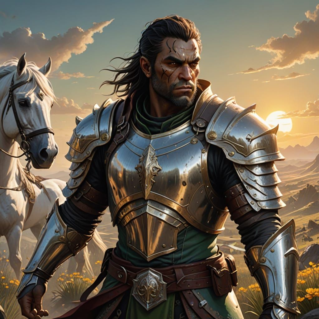 Half Orc Paladin with Sun Emblem and White Horse