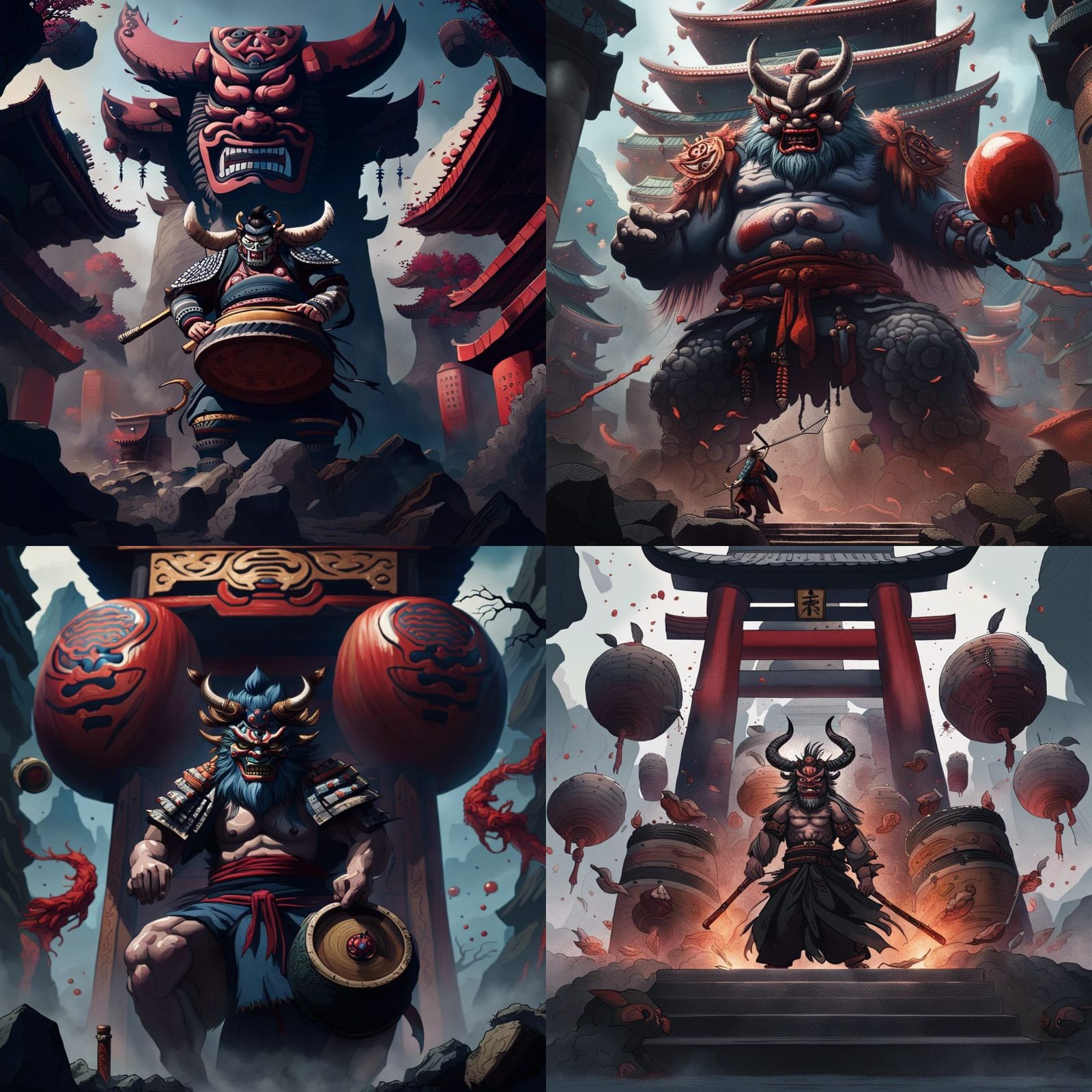 Japanese Giant with Oni Mask and Taiko Drums