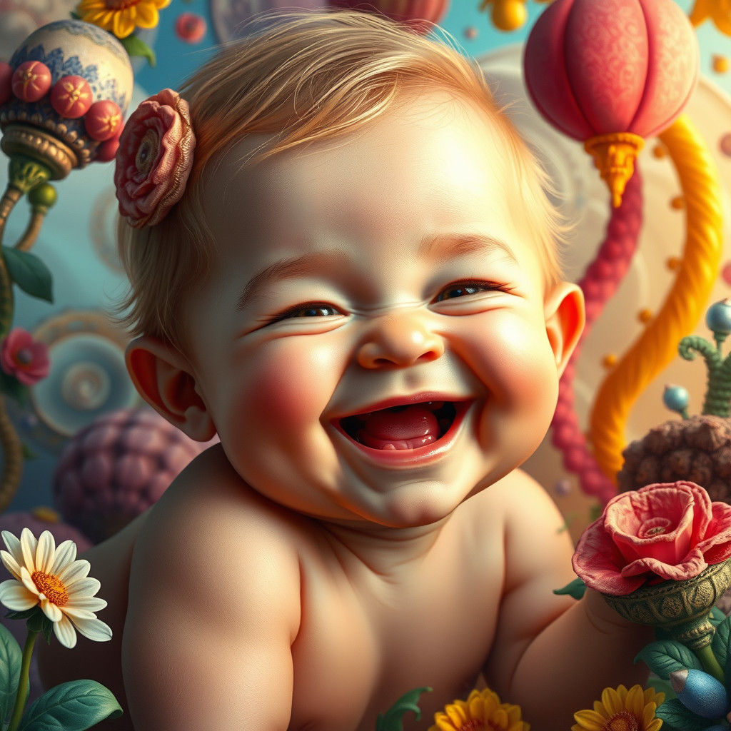 Joyful Baby Laughing in Dreamlike Surrealist Landscape