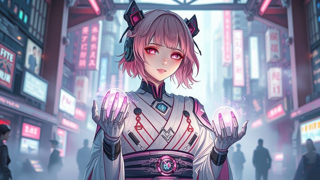 Cyber Shrine Priestess in Neon Cityscape