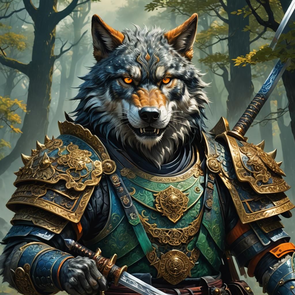 Furry Wolf Samurai with Sword in Metallic Armor