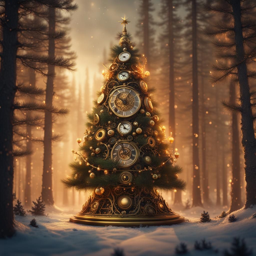 Brass Clockwork Christmas Tree in Pine Forest