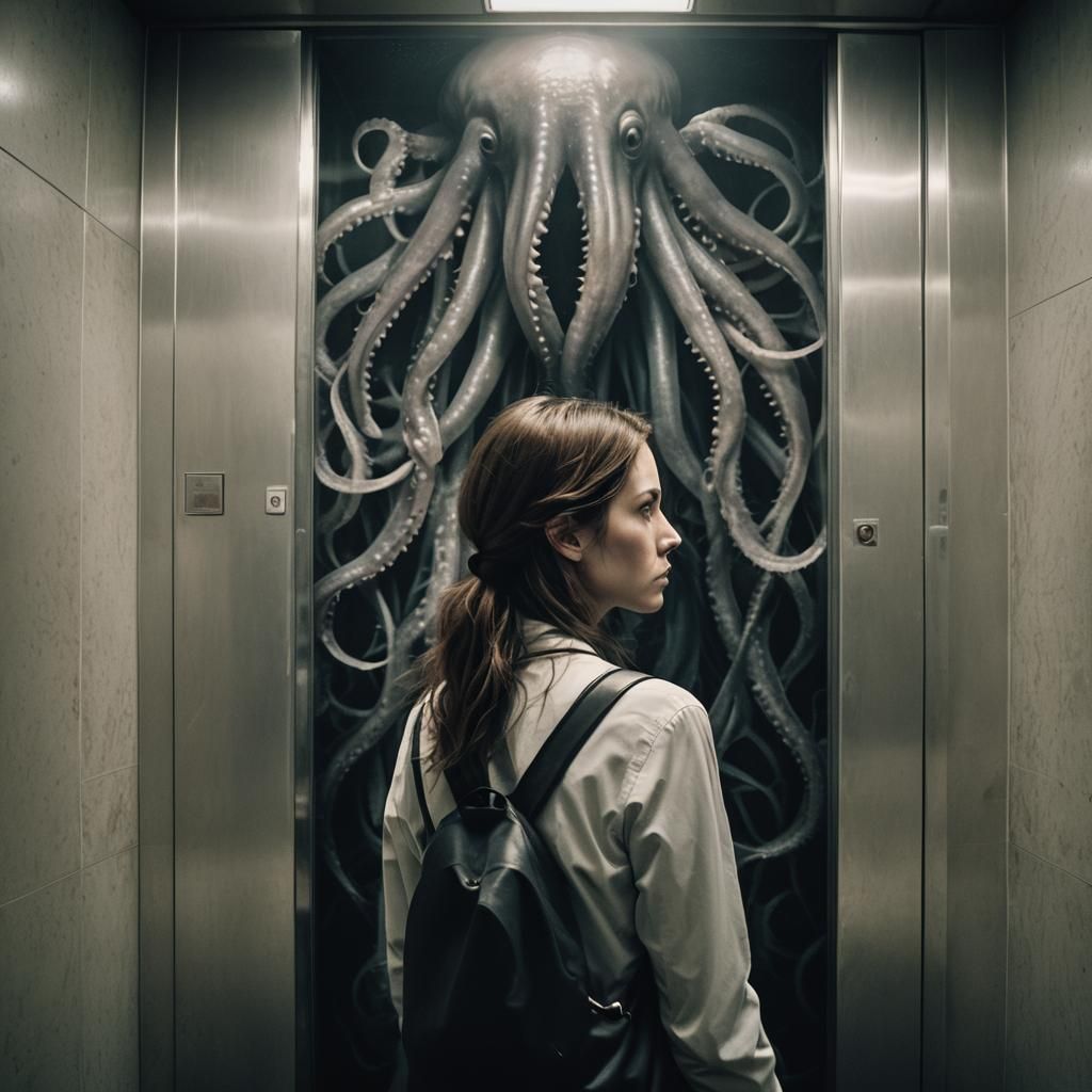 Woman's Elevator Nightmare: Giant Squid Encounter