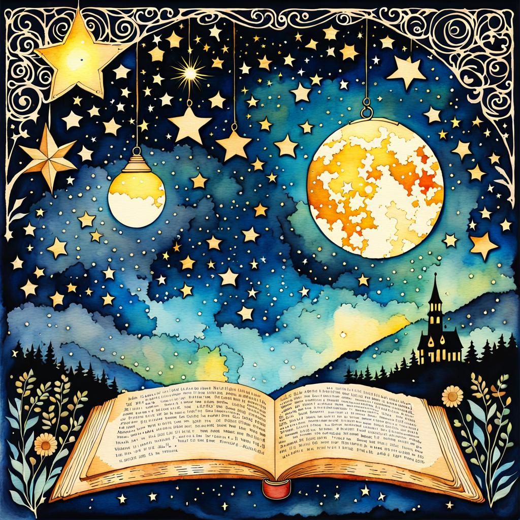 Vintage Cartoon Watercolor Night Sky Scene