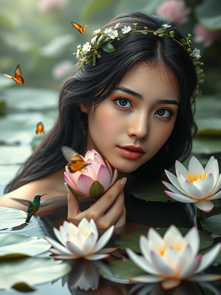 Ethereal Woman with Lotus Flower in Tranquil Pond