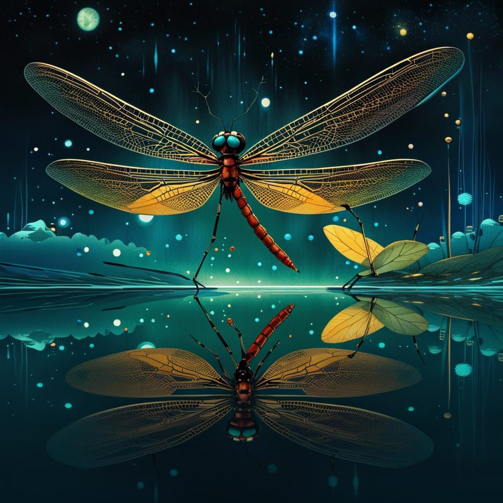 Dragonfly's Mirrored Encounter in Watercolor Space