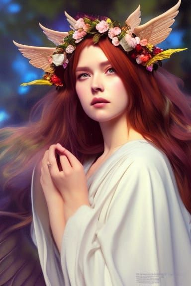 Winged Fairy Portrait with Flower Crown in Digital Art Style