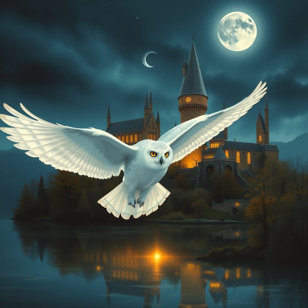 Majestic Snow Owl Glides Over Hogwarts at Moonrise