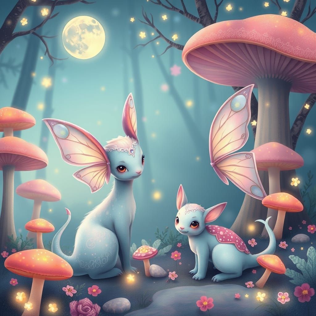 Whimsical Mystical Creatures in Dreamy Pastel Landscapes