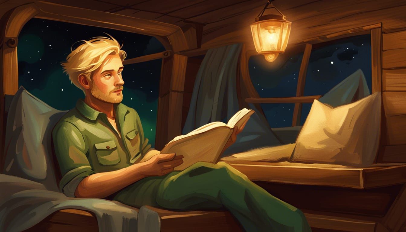 Man Reading on Wooden Starship in Arthur Rackham Style