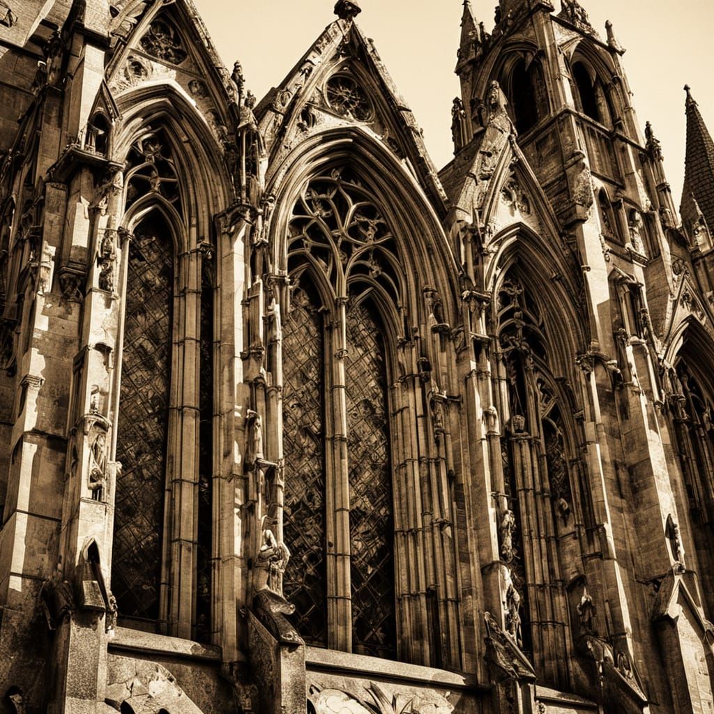Gothic Sepia Cathedral with Pointed Arches and Gargoyles