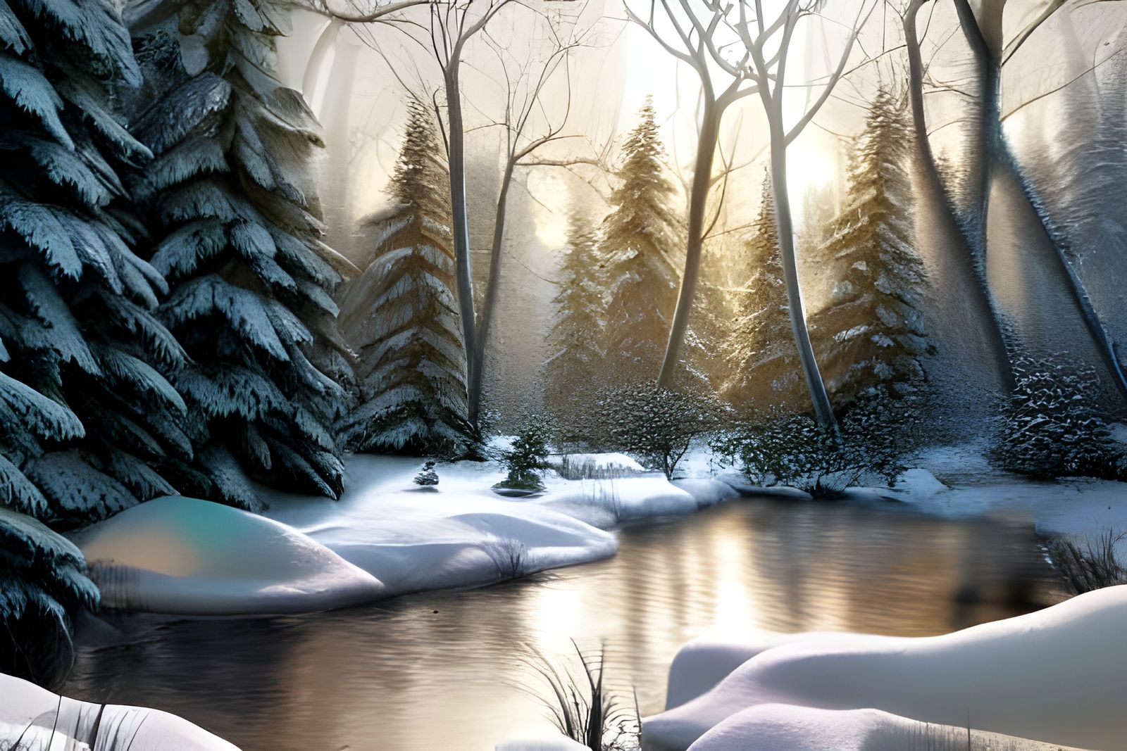 Snowy Forest Stream in Detailed Photorealistic Style