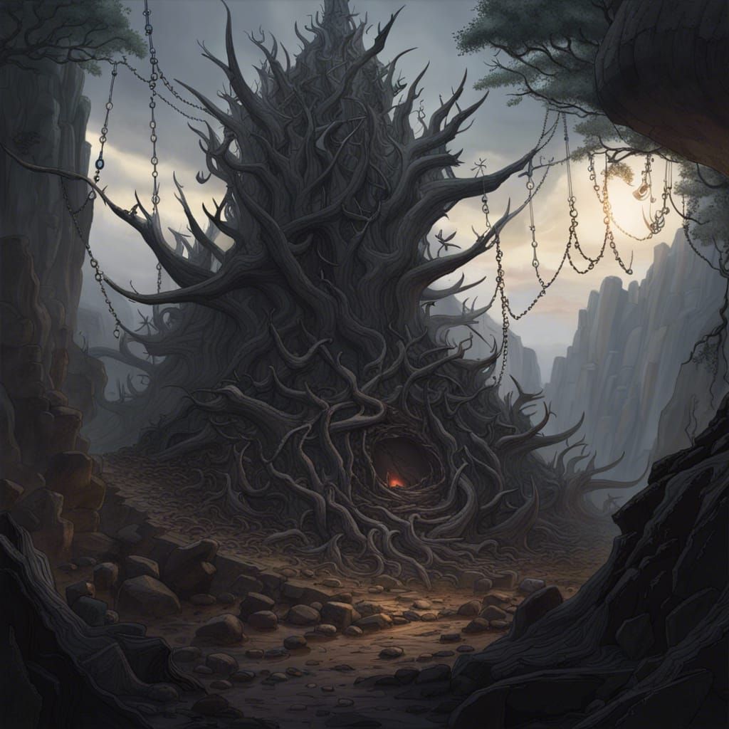 Dark Fantasy Metal Formation in Rocky Landscape