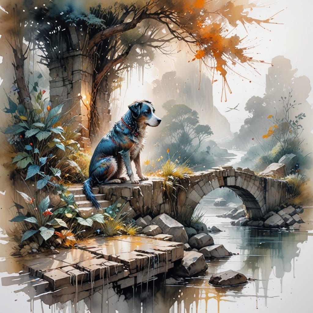 Faithful Dog Sits on Ancient Stone Bridge in Waterlogged Vil...