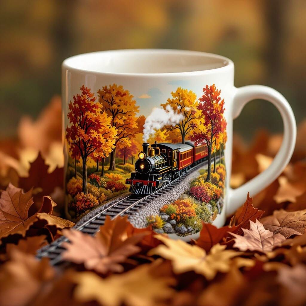 Whimsical Autumn Train Scene in a Mug