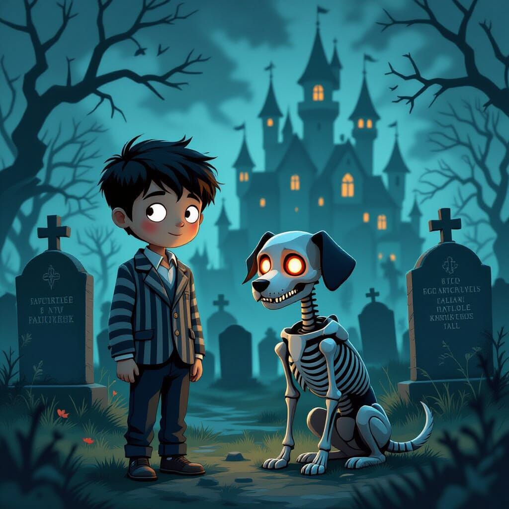 Gloomy Graveyard Scene with Boy and Skeletal Dog