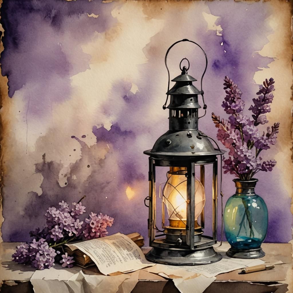 Vintage Lantern and Lilacs in Watercolor Painting