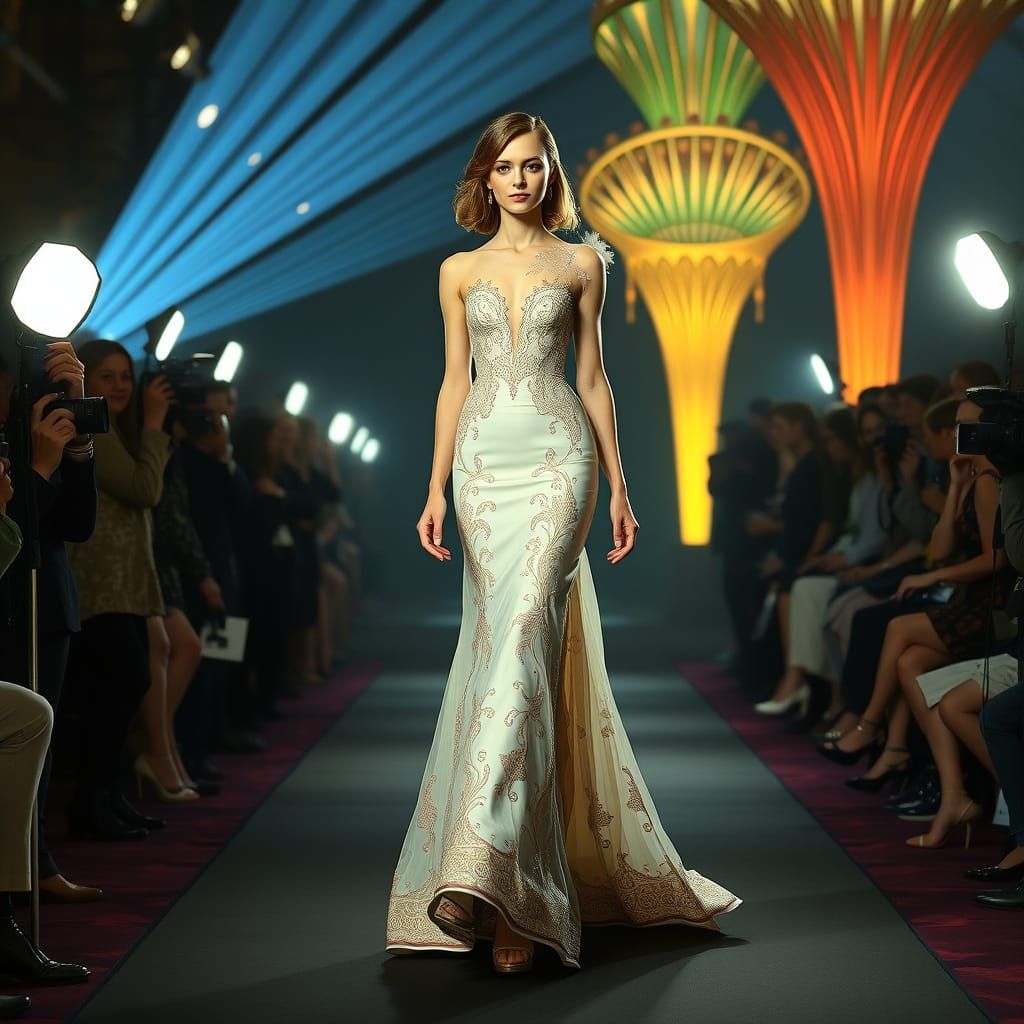 Elegant Model on Catwalk: Art Nouveau and Digital Art Fusion