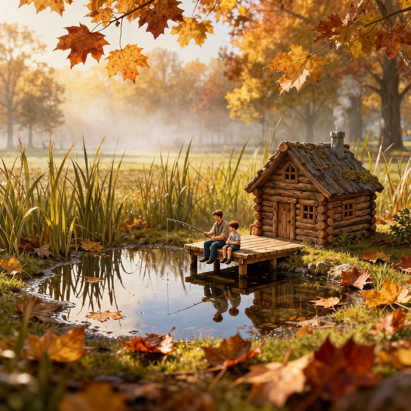 Miniature Autumn Fishing Scene in a Life-Sized Park