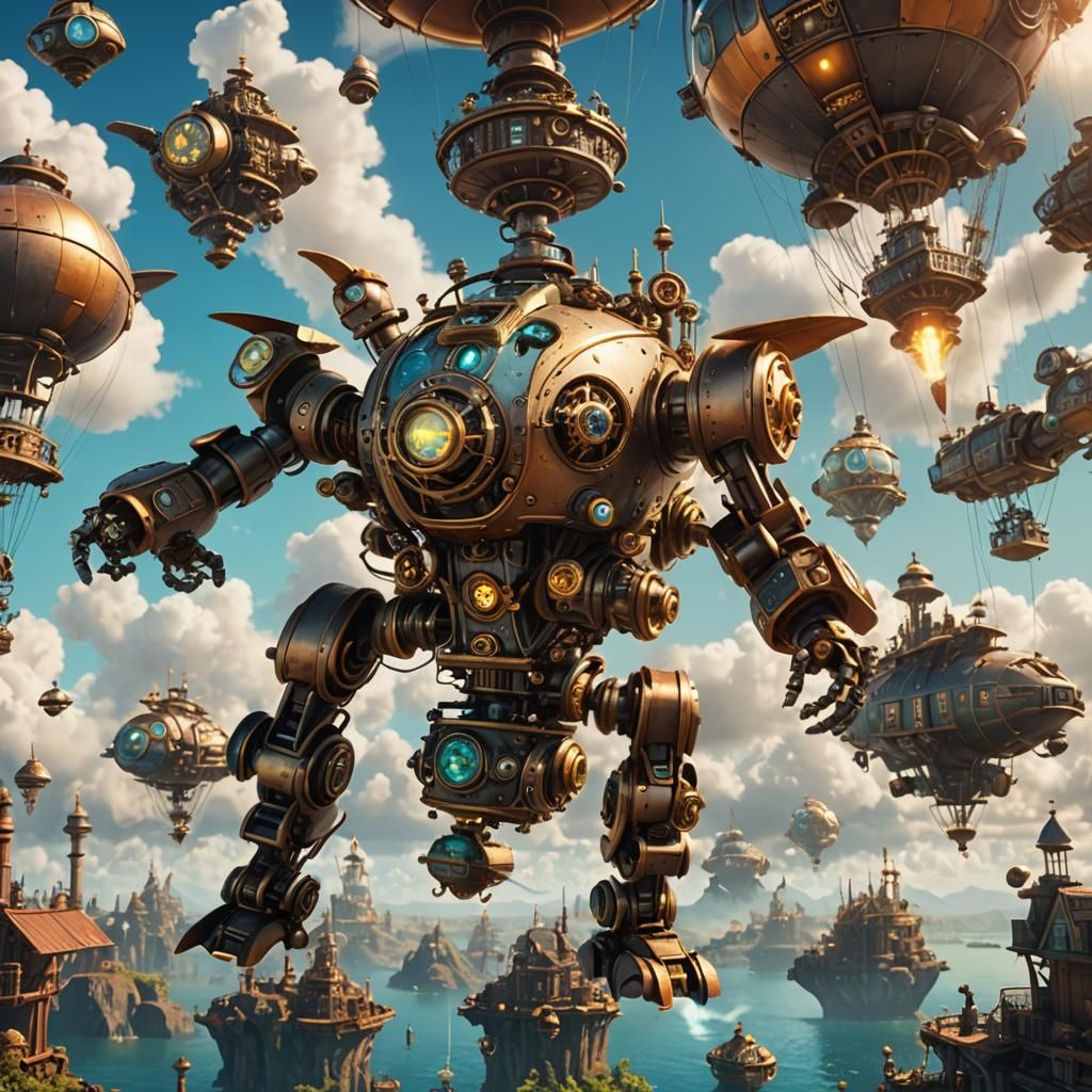 Steampunk Robot Flies in Fantasy World: Pixar Style